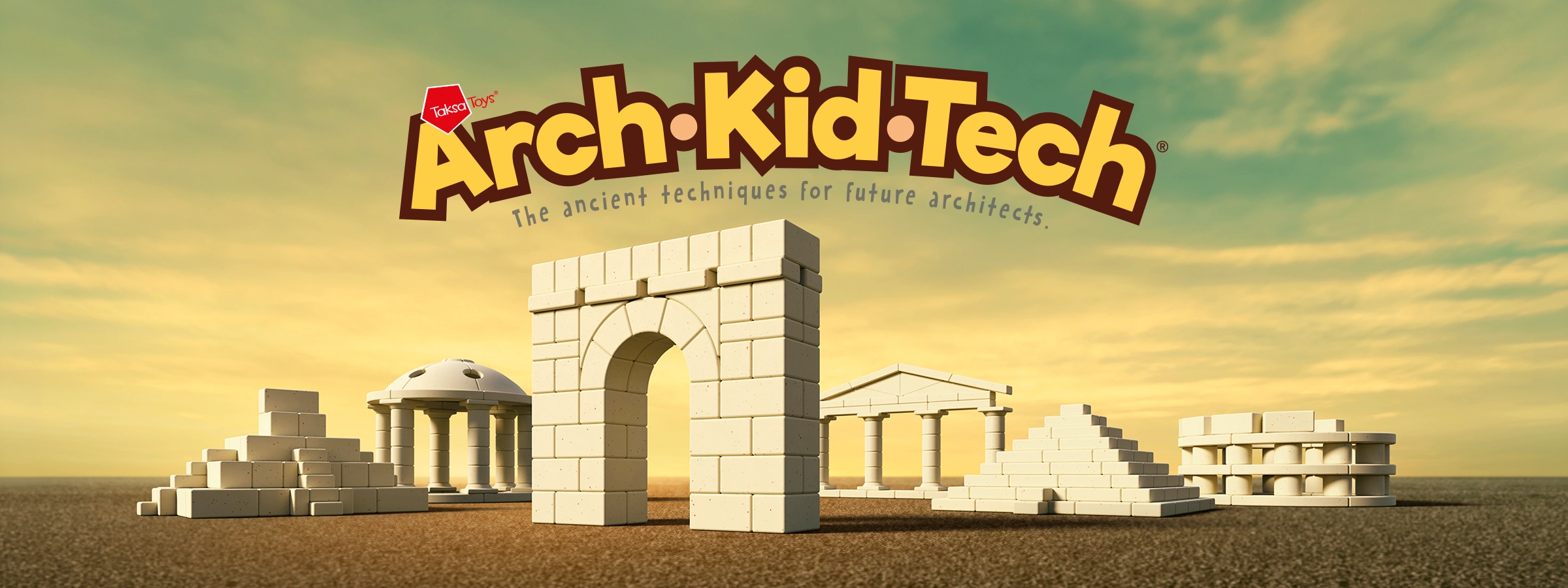Arch-Kid-Tech educational building system showing the complete architectural toy collection