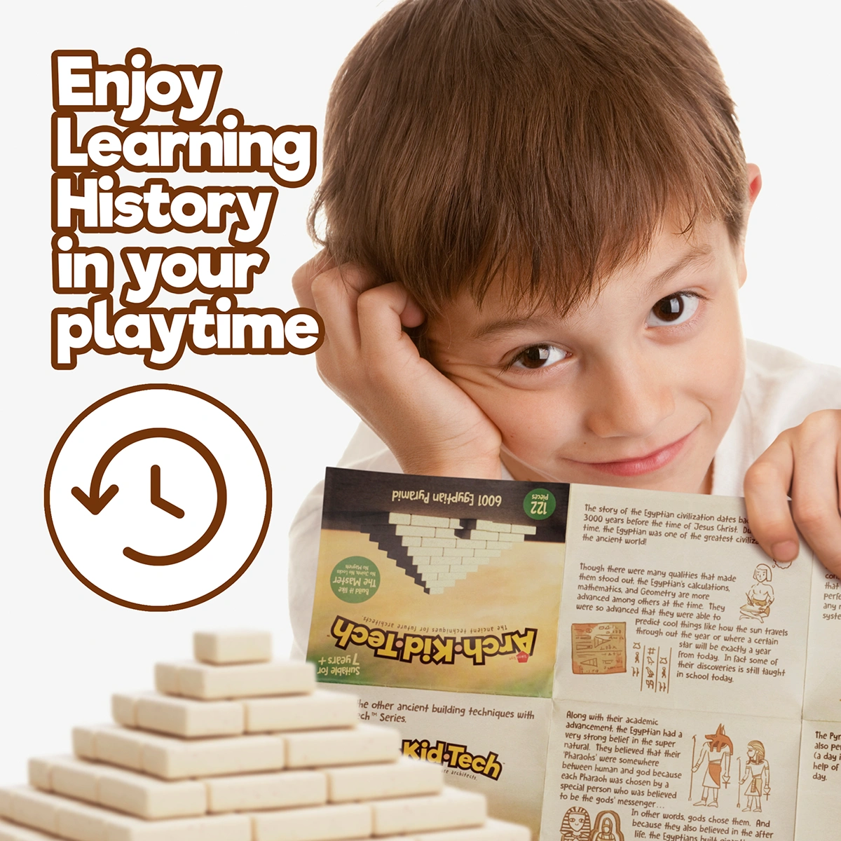 Child learning ancient architecture and history through Arch-Kid-Tech® Egyptian Pyramid building toy