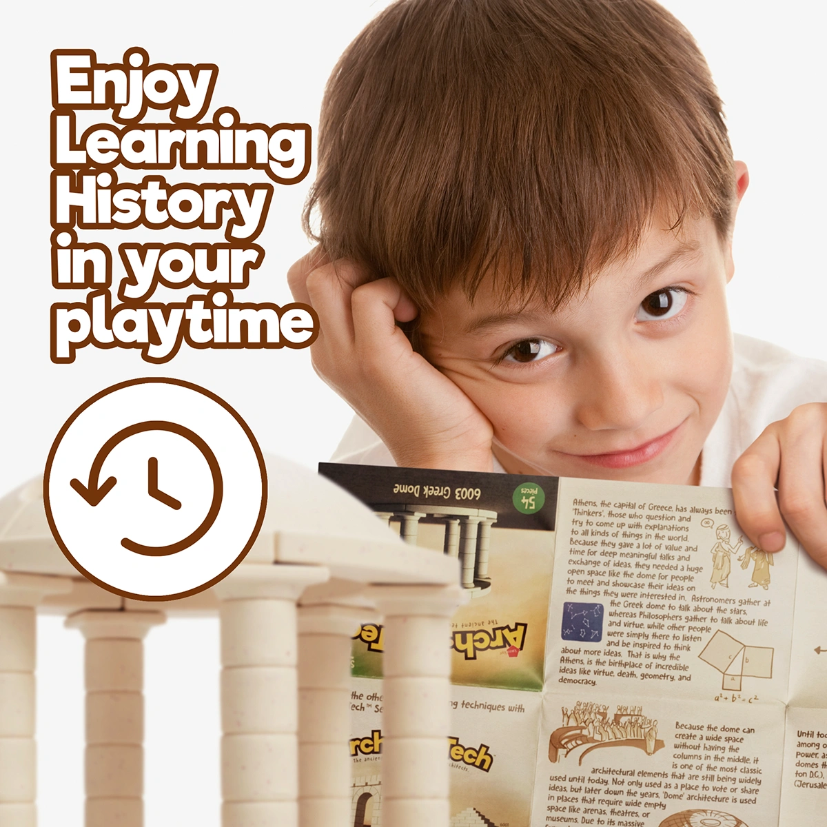 Child learning ancient architecture and history through Arch-Kid-Tech® Greek Dome building toy