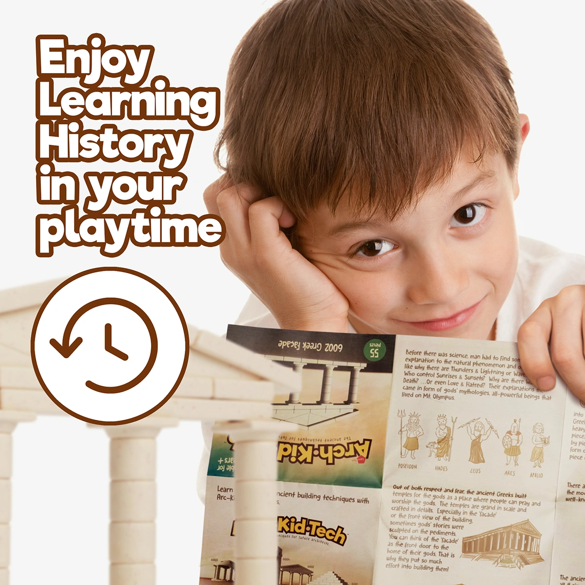 Child learning ancient architecture and history through Arch-Kid-Tech® Greek Facade building toy