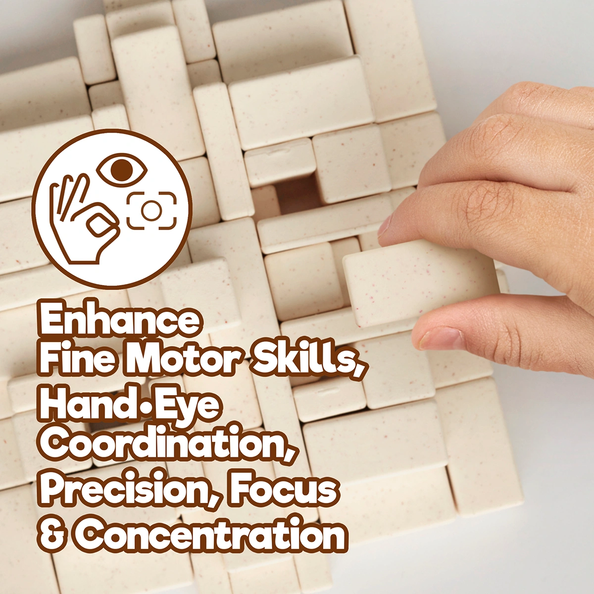 Child building Arch-Kid-Tech® Mayan Pyramid toy to develop fine motor skills focus and hand-eye coordination