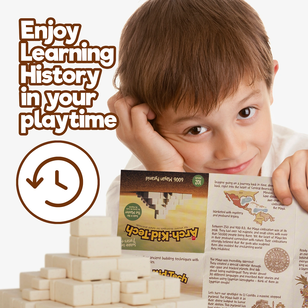Child learning ancient architecture and history through Arch-Kid-Tech® Mayan Pyramid building toy