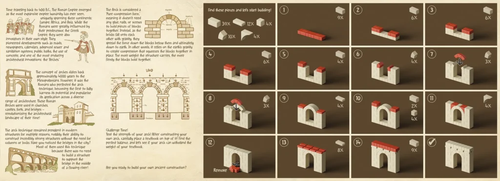 Arch-Kid-Tech building guide demonstrating how to construct a Roman arch using compression-based architecture
