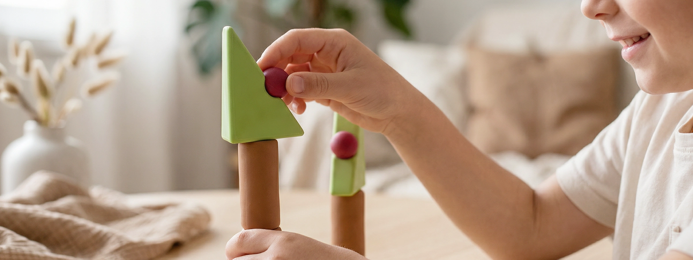 Child adjusting balance while building a structure through play