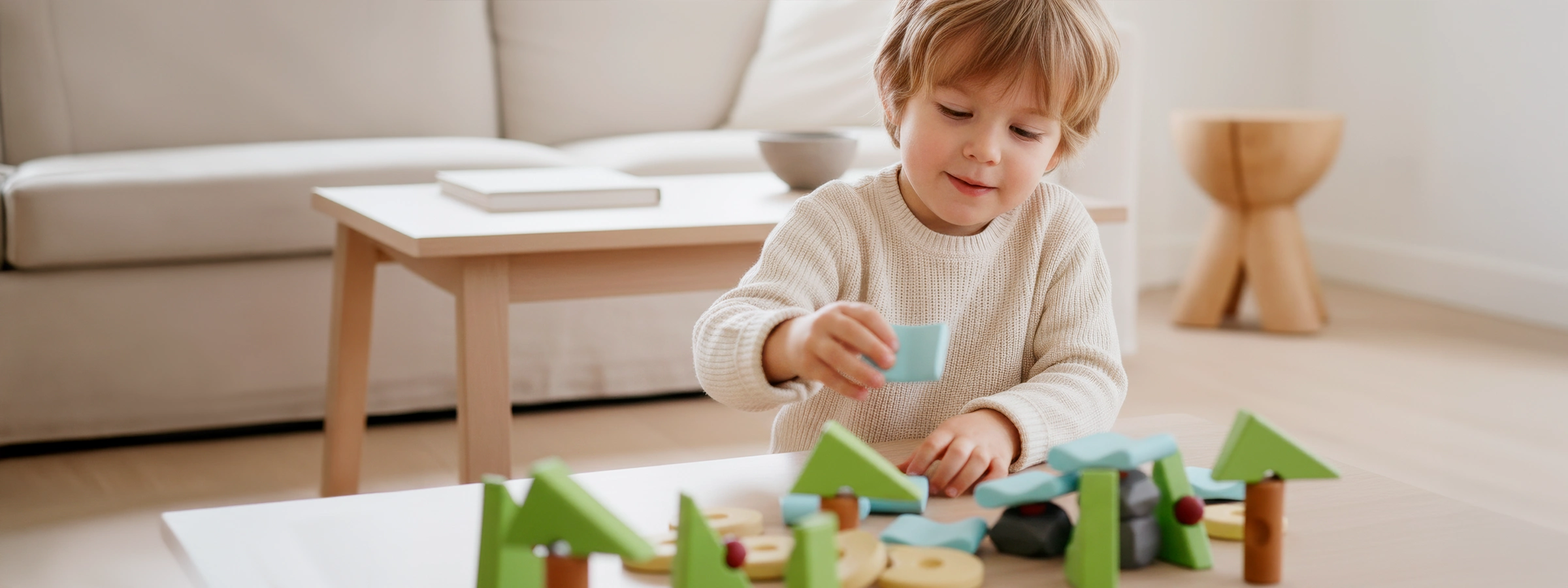 Child learning through play while building balanced structures