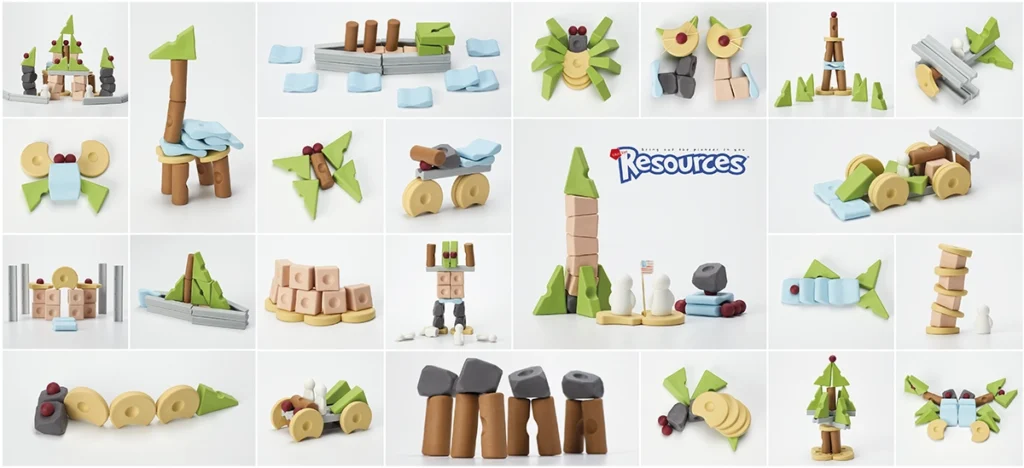 Examples of builds developed from the Resources Kick-start guideline, showing different ways wooden pieces can be arranged and adapted