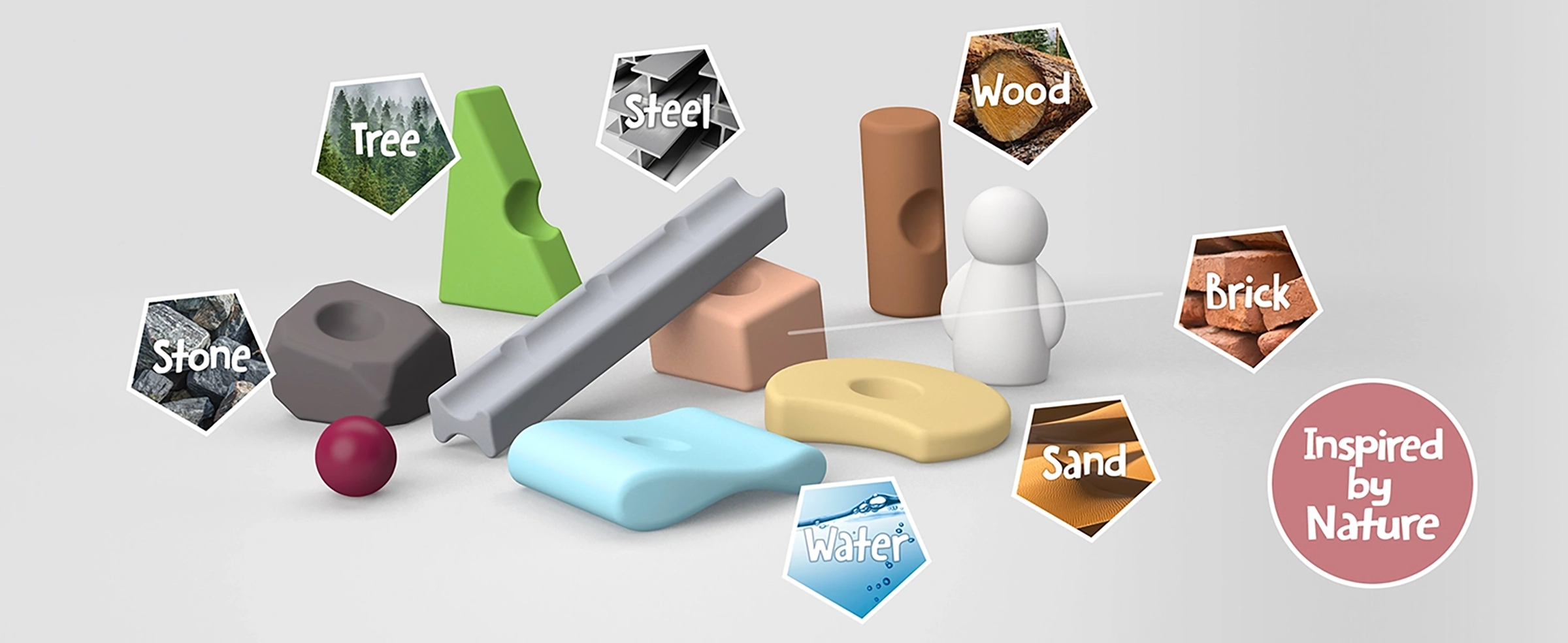 Resources building elements inspired by natural materials such as stone, wood, sand, steel, brick, tree, and water