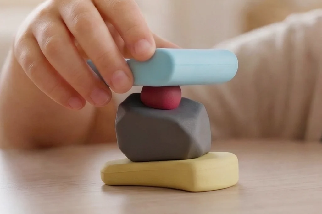 Child exploring balance while building with Resources construction system