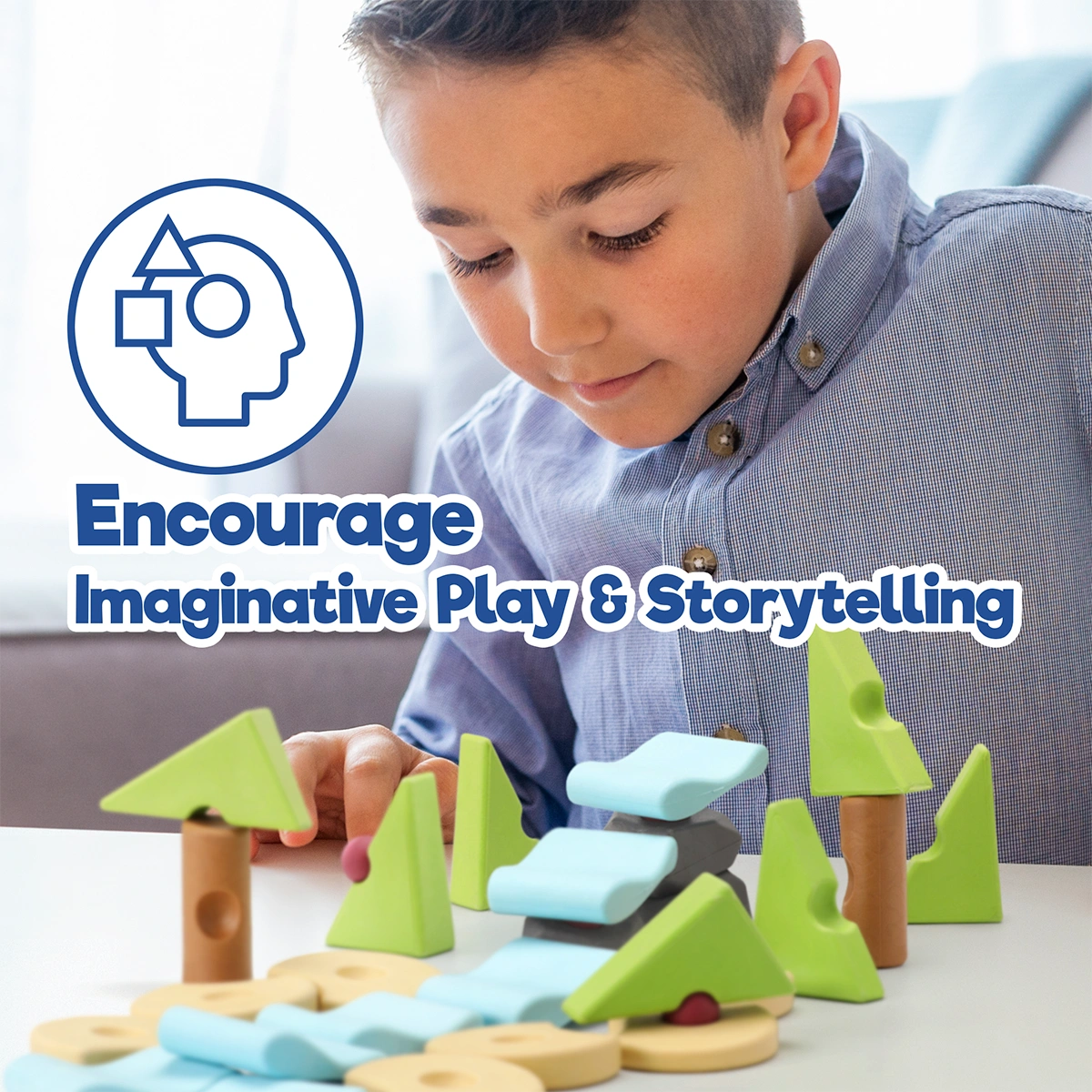 Child creating a waterfall scene with TaksaToys Resources pieces through imaginative play and storytelling.