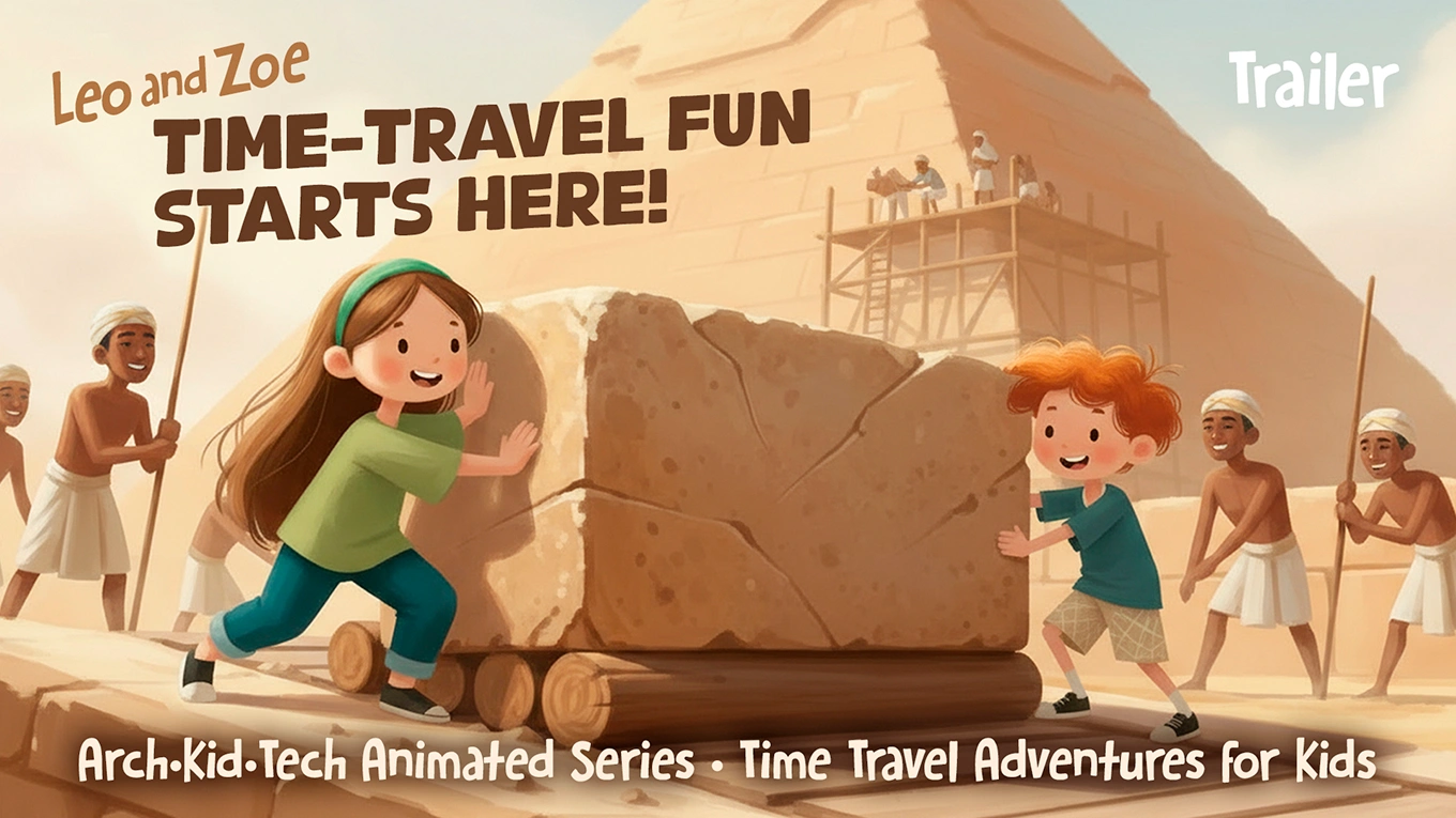 Arch-Kid-Tech® animated series trailer featuring Leo and Zoe traveling across historical eras to explore how different structures are built.