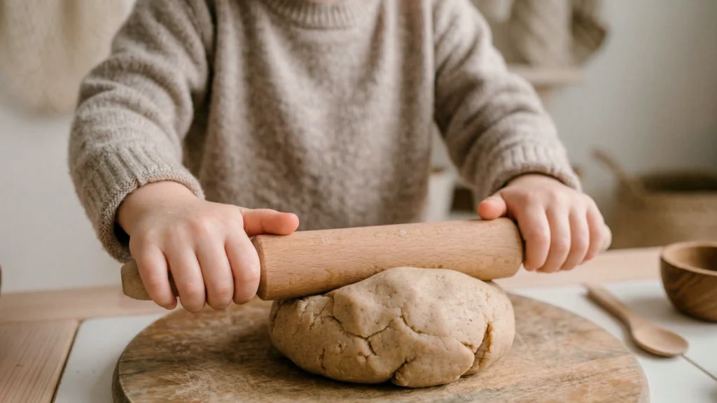Child using both hands to roll dough with a wooden rolling pin, practicing symmetrical bilateral coordination.