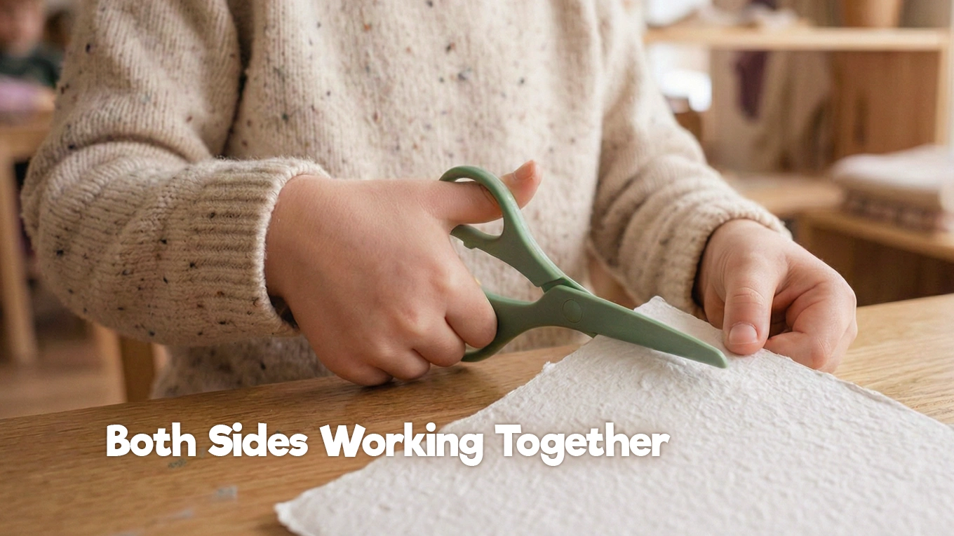 Child using scissors to cut paper, with one hand holding the paper steady while the other hand cuts.