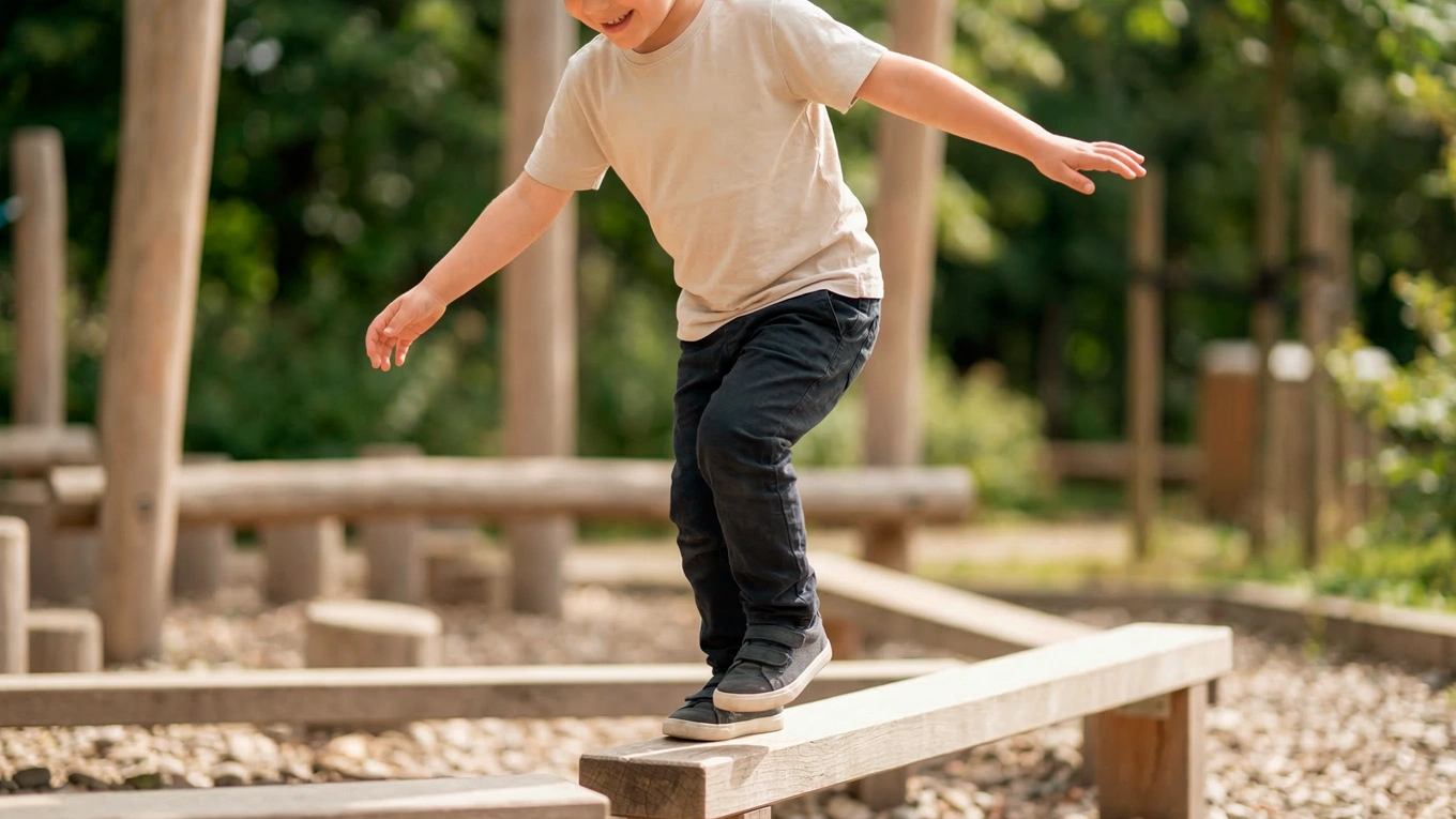 Child balancing on a wooden beam outdoors while practicing spatial awareness and postural control