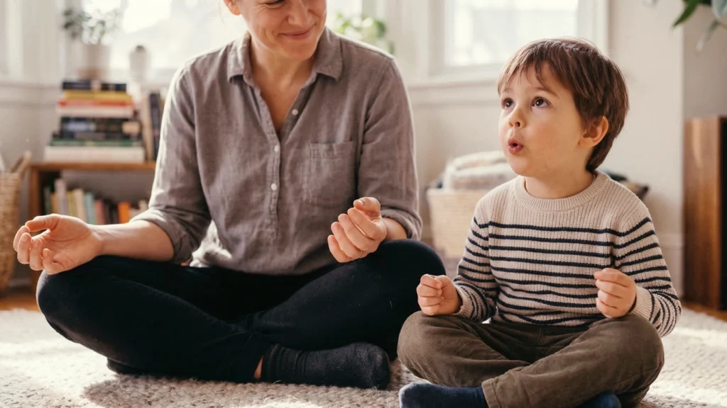 A child practices slow breathing beside a calm adult in a quiet home setting.