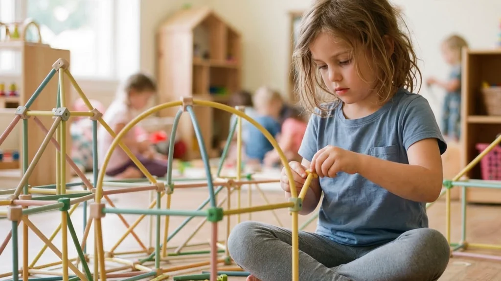 Child building a three-dimensional structure with rods and connectors, exploring balance, alignment, and spatial relationships.