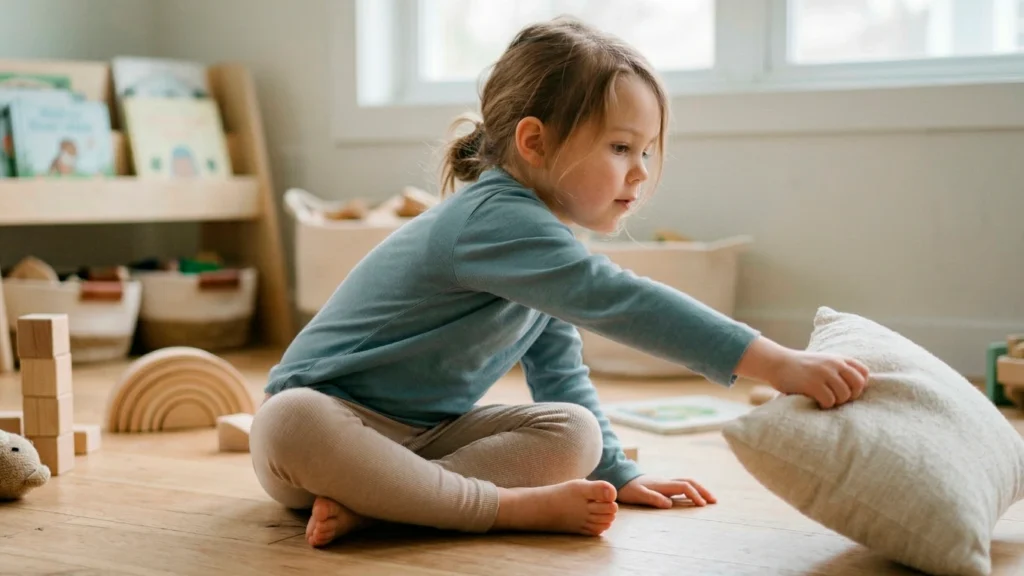 Child sitting on the floor and reaching across the body toward a pillow, showing midline crossing and body coordination.