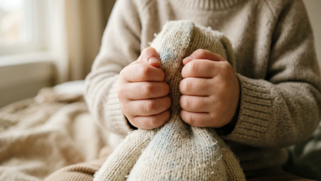 A young child holds a soft stuffed toy, using familiar texture for comfort and grounding.