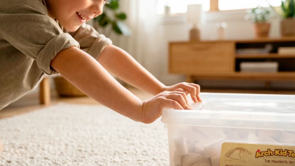 Child pushing a storage box at home while sensing effort, weight, and body position