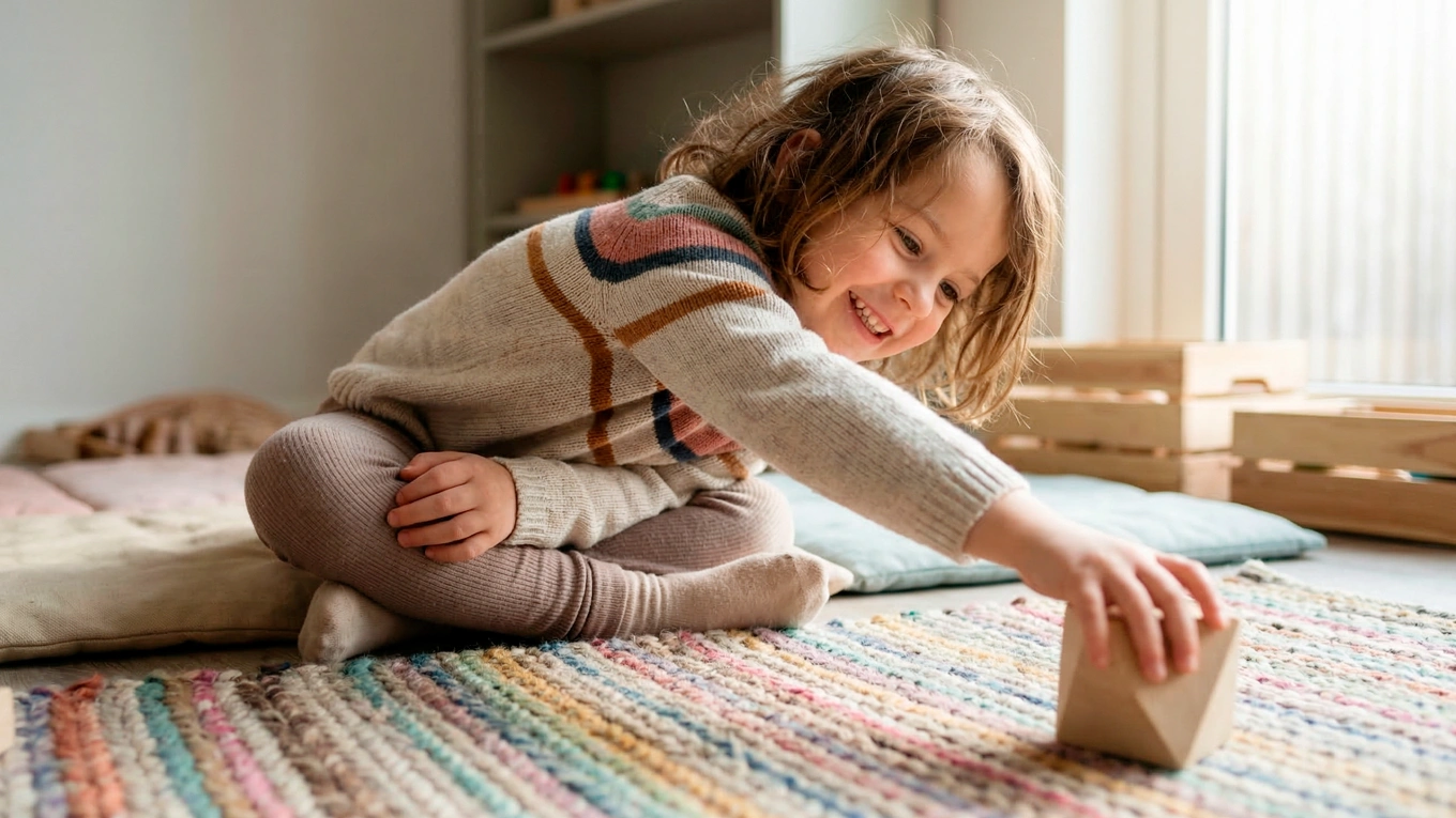 Child reaching across the body for a wooden block during floor play, practicing coordination and spatial awareness