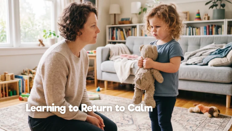 A calm adult kneels beside a young child holding a stuffed toy during a moment of emotional overwhelm.