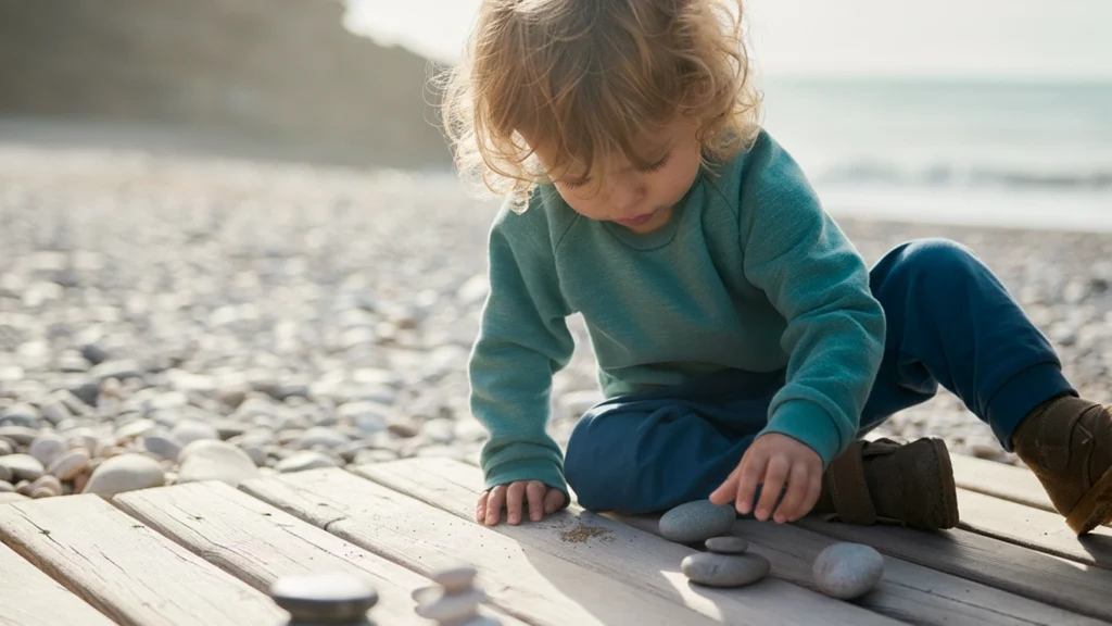 A child arranges smooth stones outdoors, exploring texture, weight, and careful hand control.