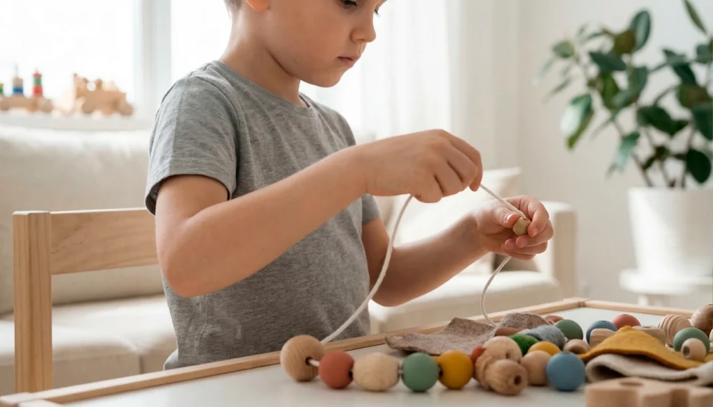 A child threads beads with both hands, one hand holding steady while the other guides the cord.