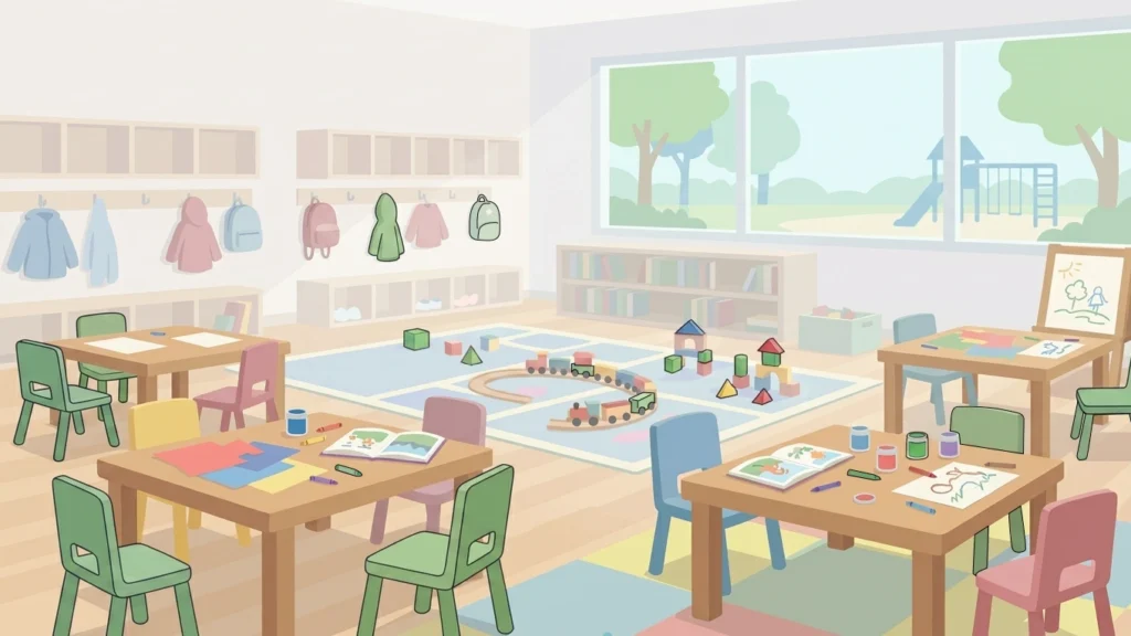 A classroom with tables, chairs, books, toys, and colorful objects for a Resources® color and shape treasure hunt activity.