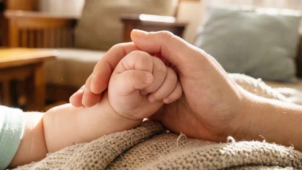 An adult hand gently holds a child’s hand, showing quiet support during early emotional regulation.