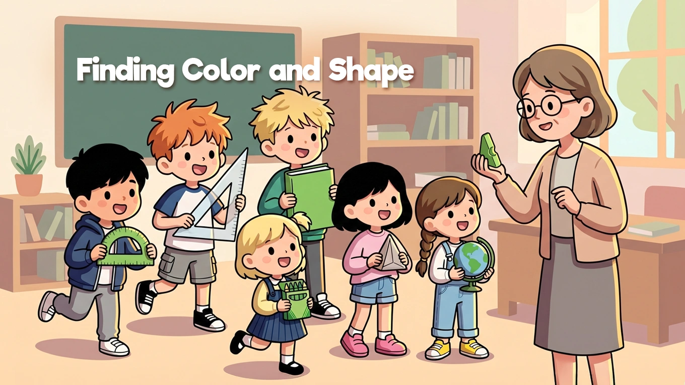 Children observe a Resources® piece with their teacher before beginning a color and shape treasure hunt in the classroom.