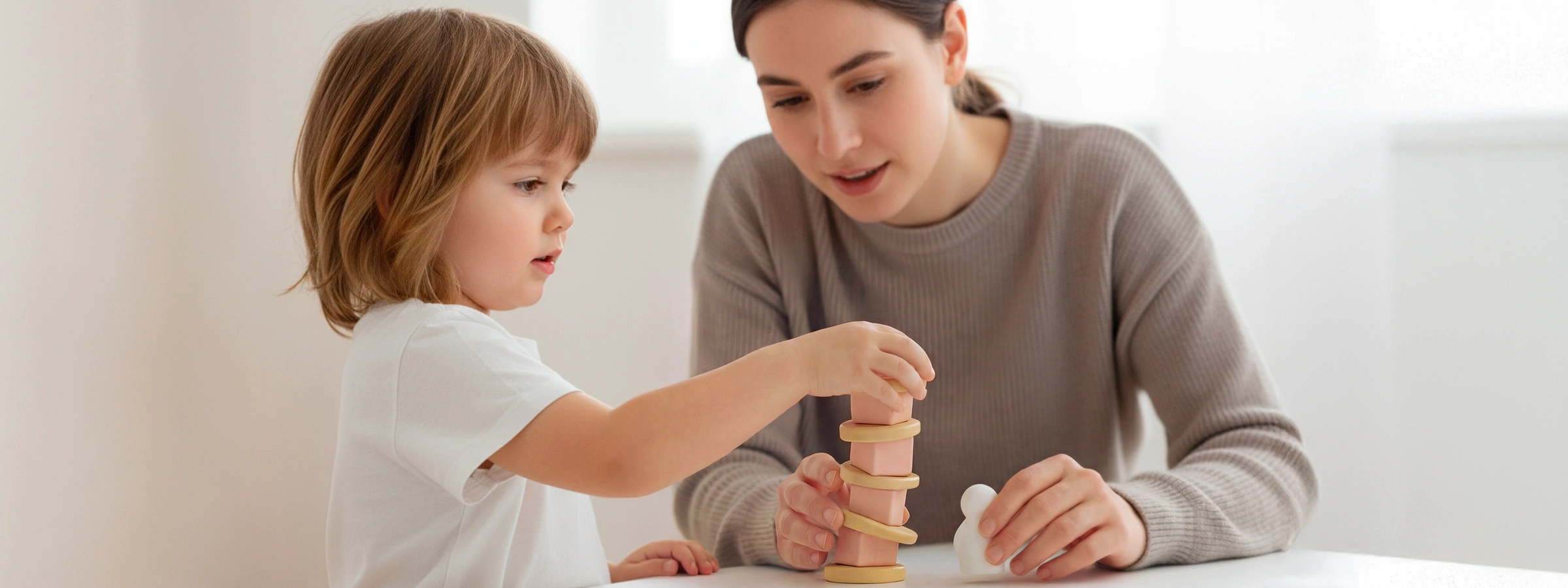 Educator guiding a child during hands-on building play