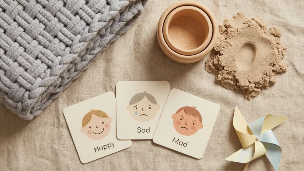 Emotion cards, soft fabric, sand, wooden cups, and a paper pinwheel arranged as simple calming tools for children.