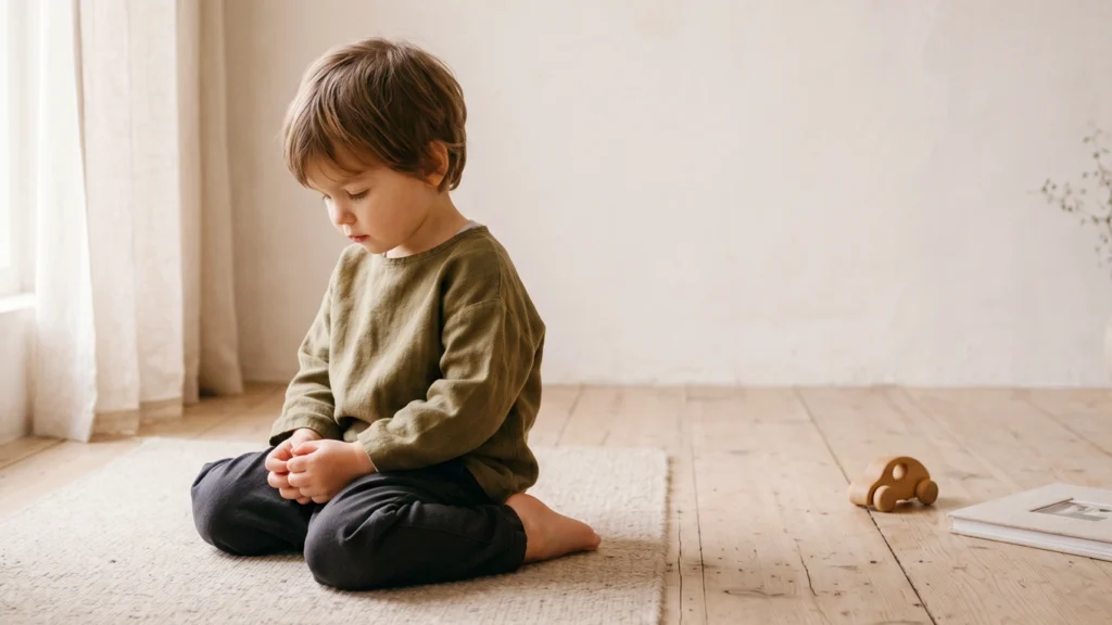 Young child sitting quietly with hands together, showing how big emotions can affect self-regulation and everyday skills.