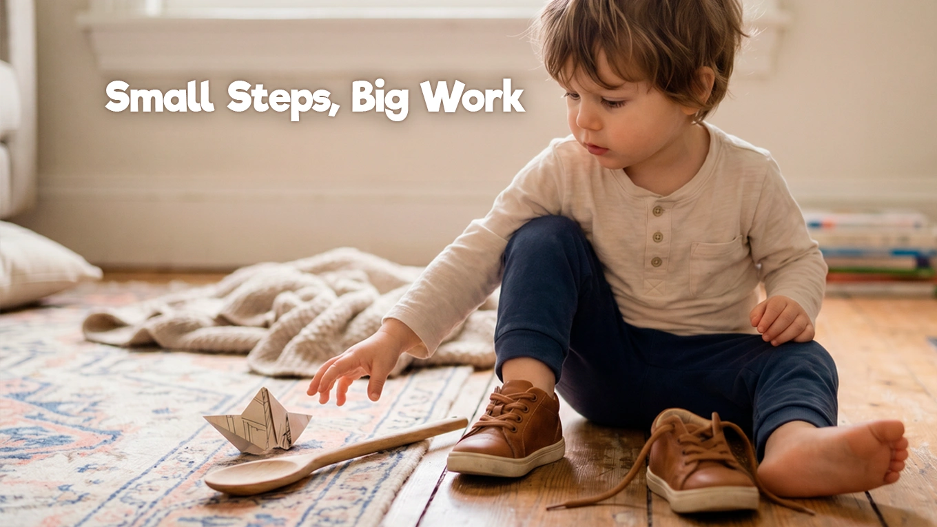 Young child putting on shoes while noticing a paper boat, showing how executive function in children appears in everyday routines and shifting attention.
