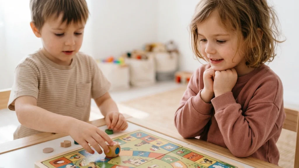 Two children playing a board game together, practicing turn-taking, memory, waiting, and executive function skills.