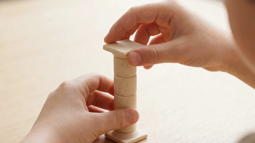 Child’s hands stacking wooden pieces, showing how executive function develops through small actions, attention, and adjustment.