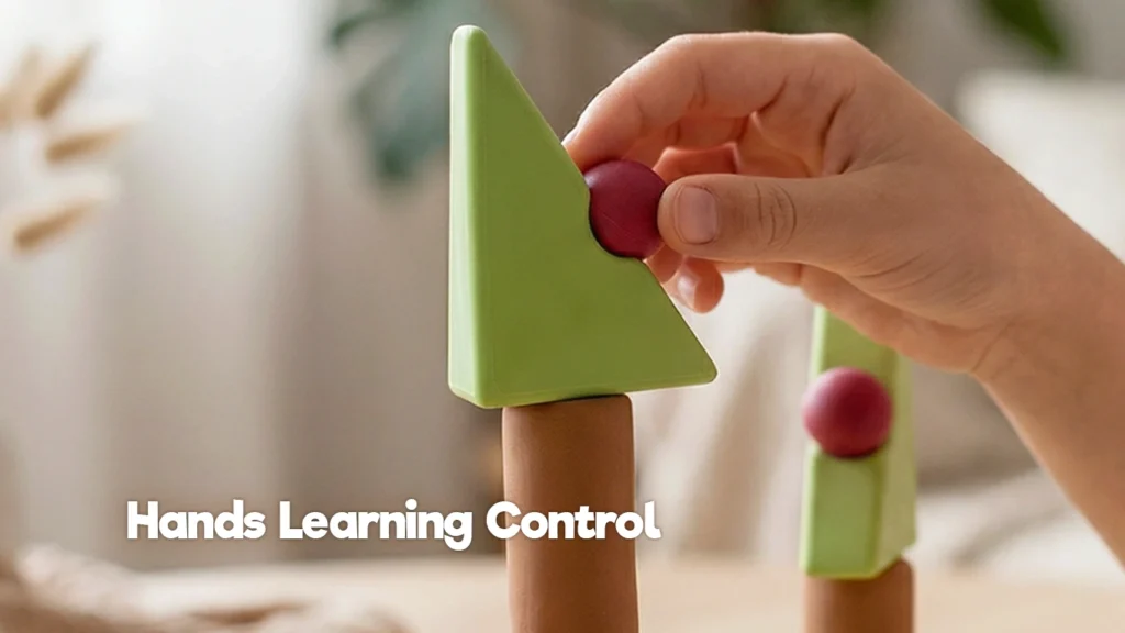 A child’s hand carefully places a small round piece onto a toy structure, showing fine motor control through precise movement.