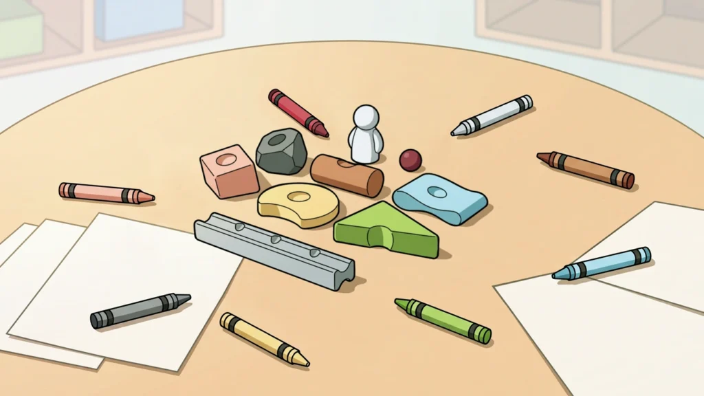 Resources® pieces, paper, and matching crayons arranged for a focused shape drawing activity