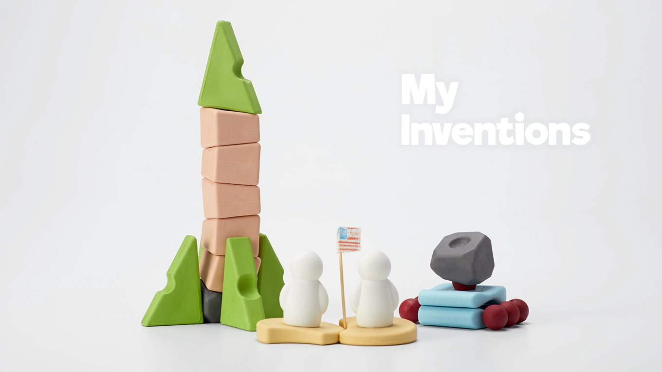 Children’s creative builds using Resources® showing open-ended inventions and imaginative structures