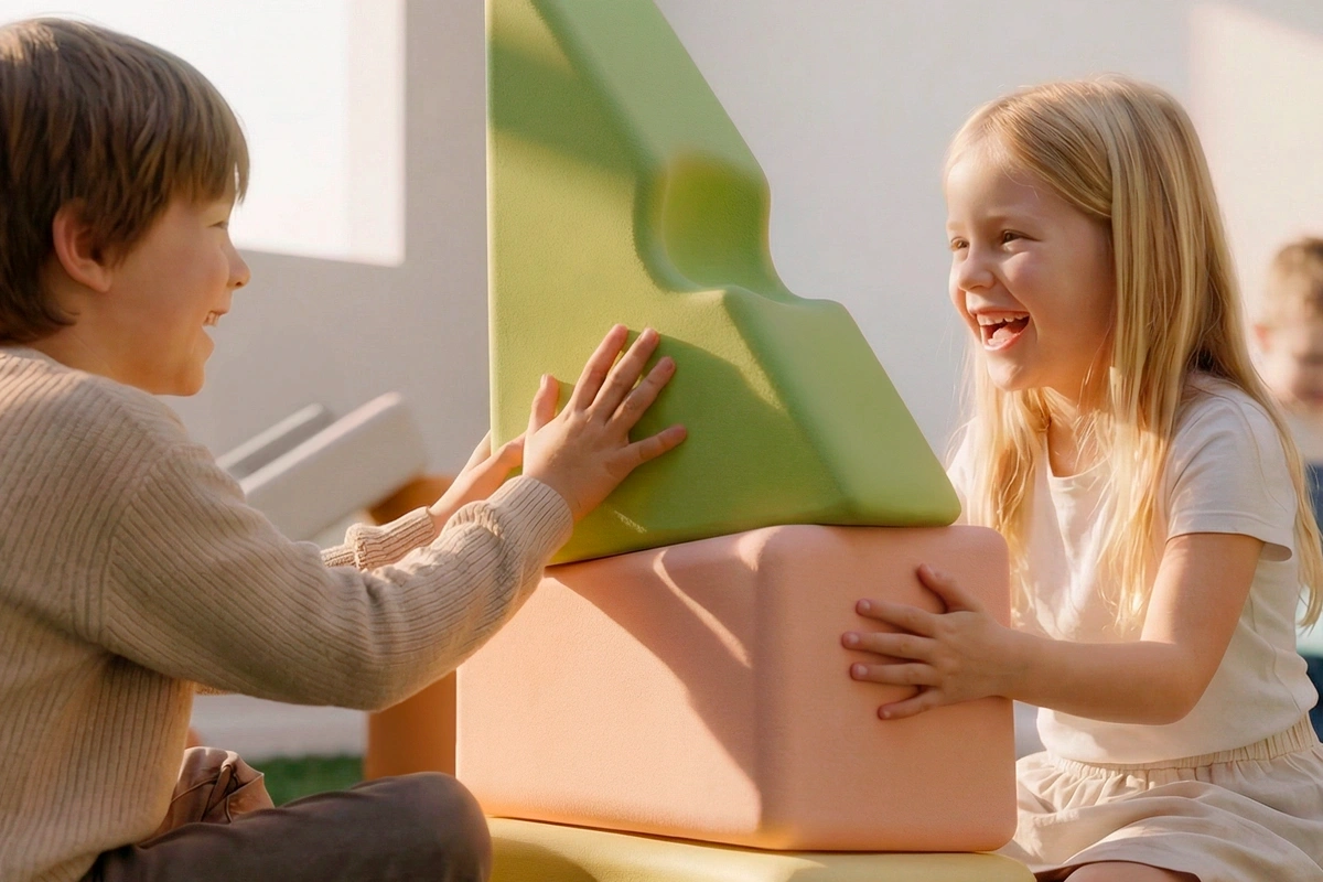 Two children building together with large blocks, placing and adjusting pieces through shared play and interaction.