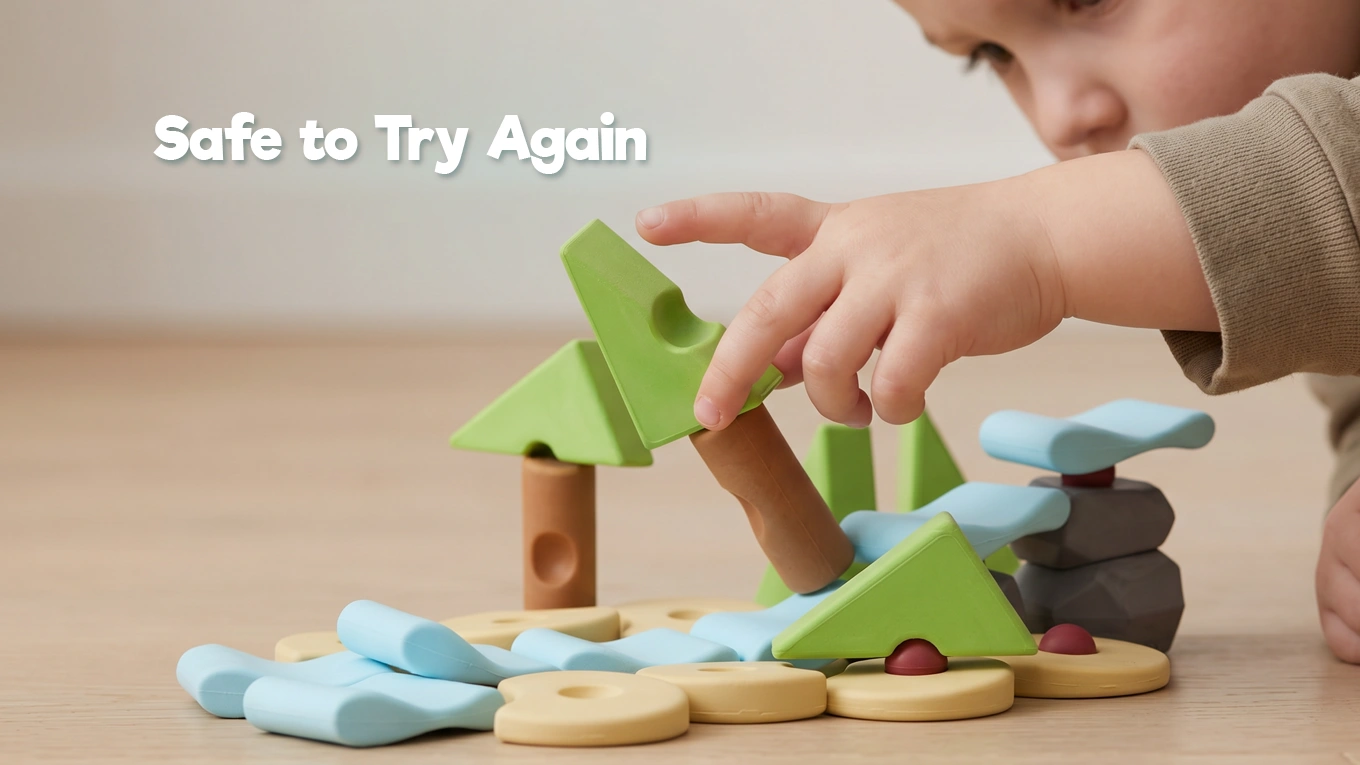 Child’s hand adjusting wooden blocks during open-ended play, showing how children learn from mistakes by noticing, balancing, and trying again.