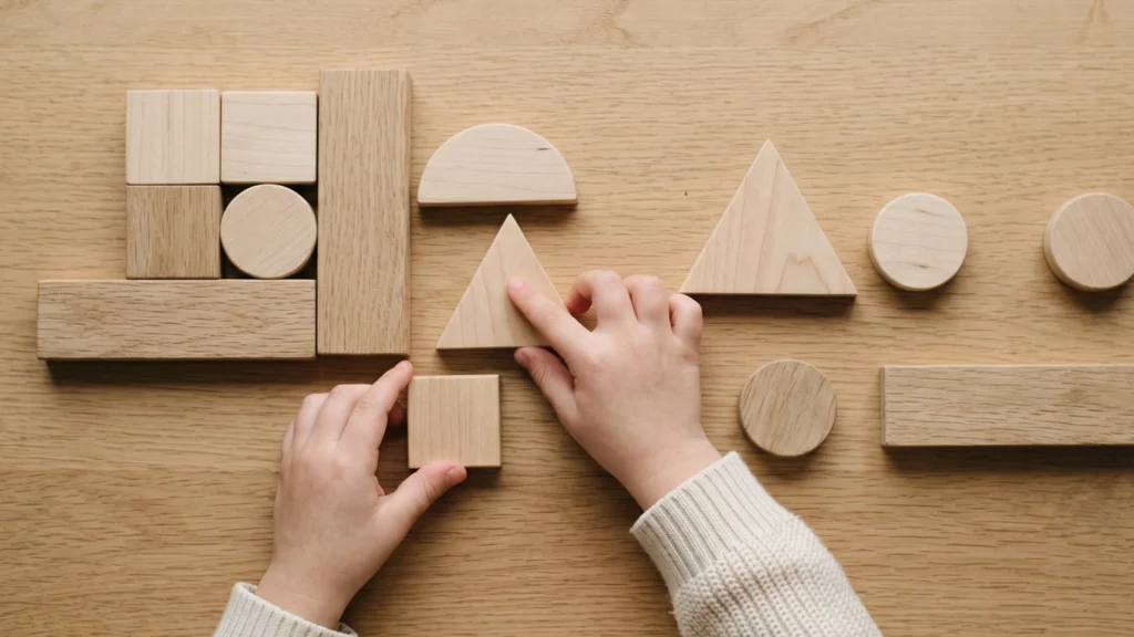 Child arranging wooden shapes on a table, comparing size, direction, edges, and fit through hands-on spatial play.