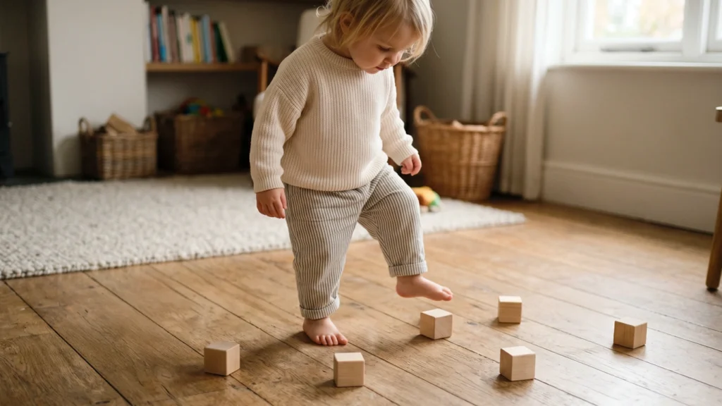 Toddler stepping carefully among wooden blocks on the floor, practicing spatial awareness through movement and distance.