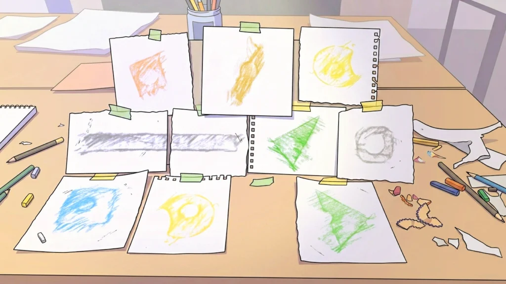 Multiple crayon texture rubbings displayed on a table, showing layered shapes and marks created from hidden objects underneath paper
