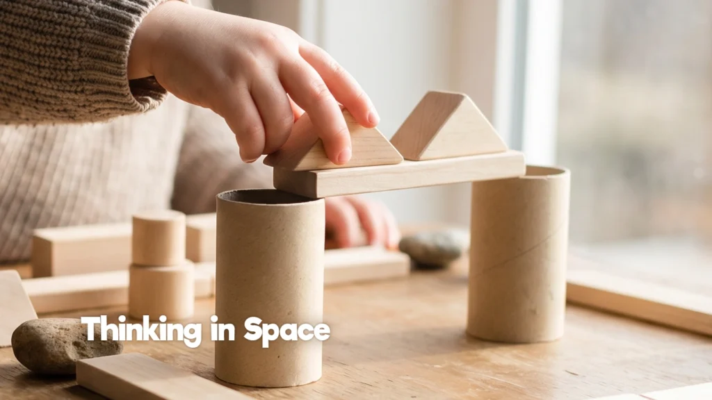 Child placing wooden shapes on a simple bridge structure, showing spatial skills through balance, placement, and hands-on play.