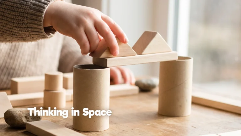 Child placing wooden shapes on a simple bridge structure, showing spatial skills through balance, placement, and hands-on play.