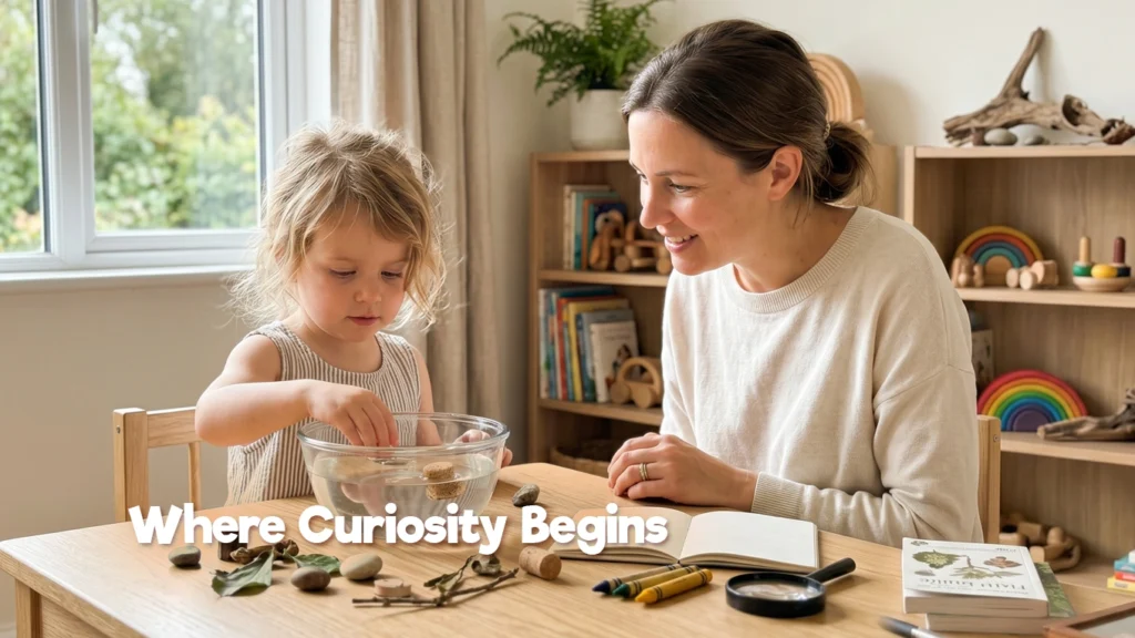 A young child explores natural objects in water while a parent observes, showing how curiosity grows through hands-on discovery and attentive play at home.