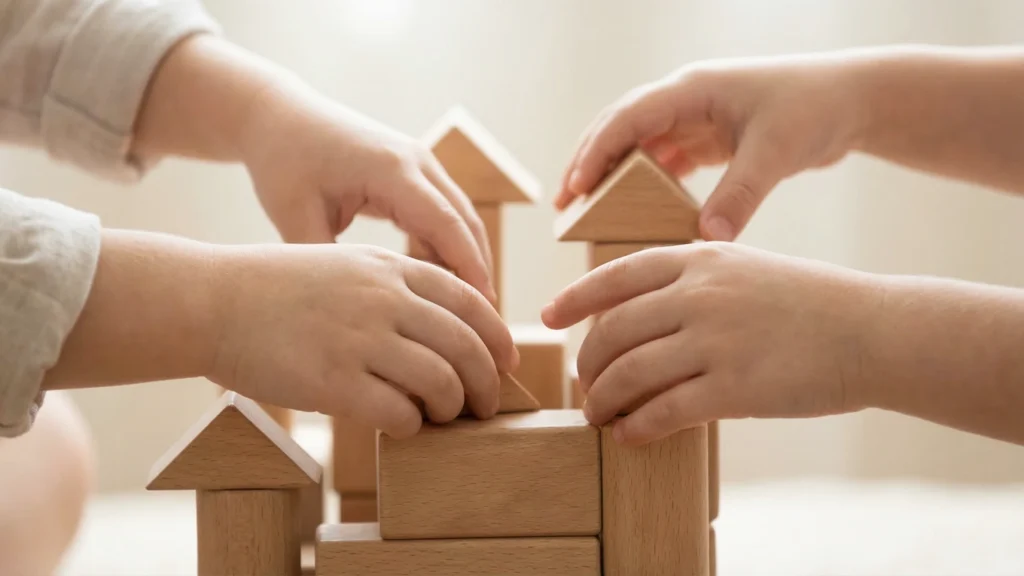 Children’s hands placing wooden blocks together as they practice shared attention and cooperation.