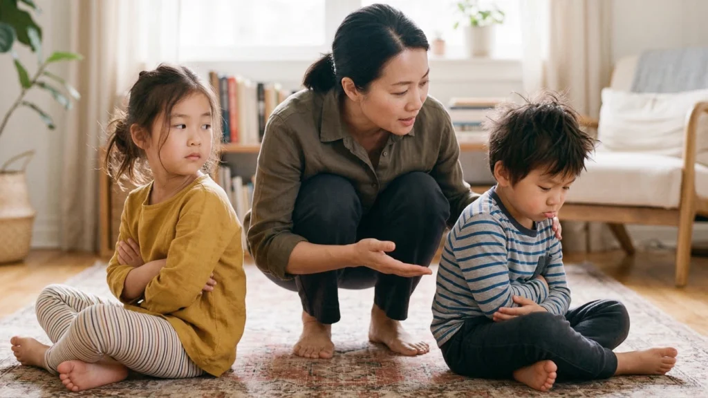 An adult calmly guiding two children through a disagreement, helping them notice each other’s feelings and perspectives.