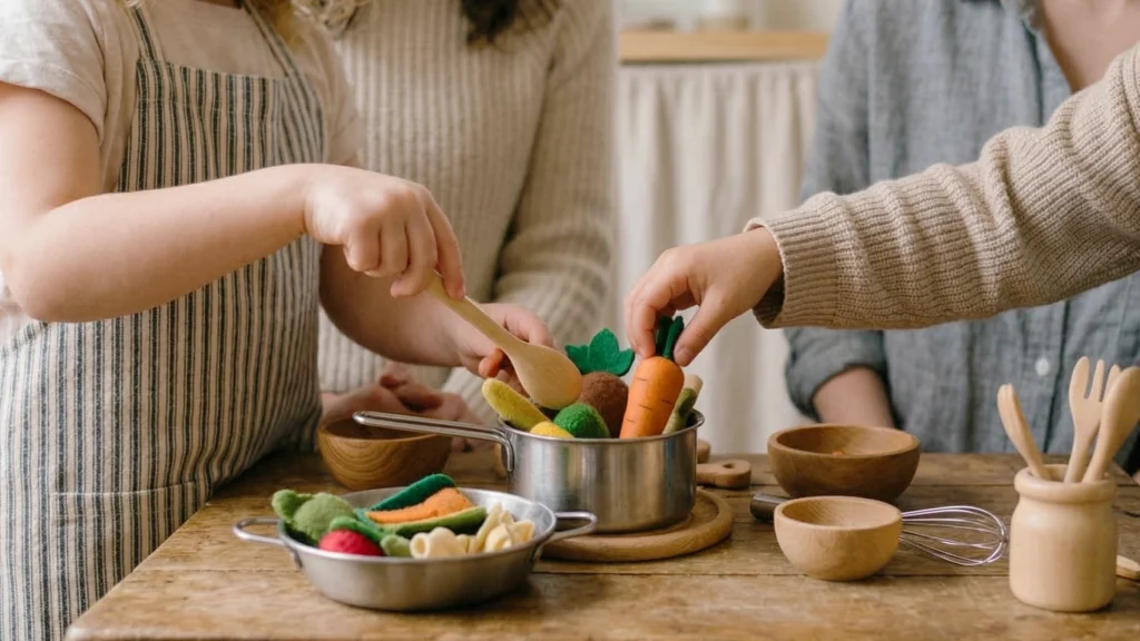 Children sharing play materials during pretend cooking, with adults nearby to support collaborative play.
