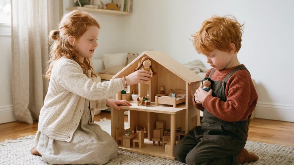 A child playing with a dollhouse and small figures, using pretend play to imagine different roles, feelings, and points of view.